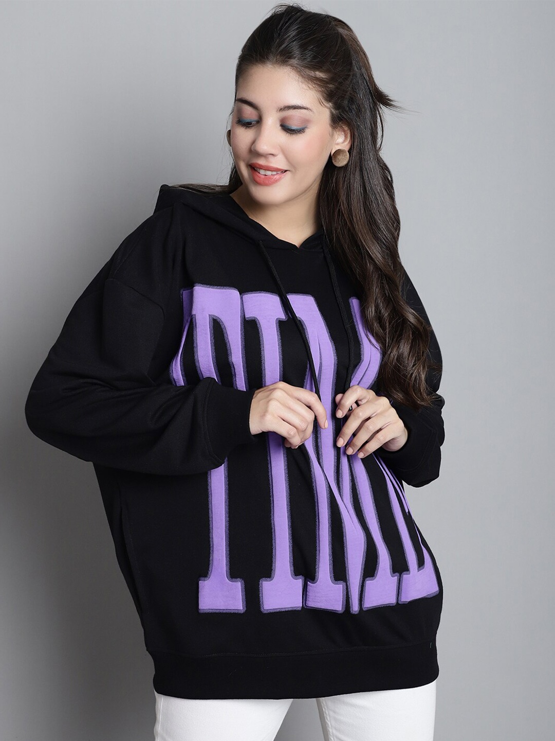 

DOOR74 Typography Printed Oversize Hooded Cotton Sweatshirt, Black