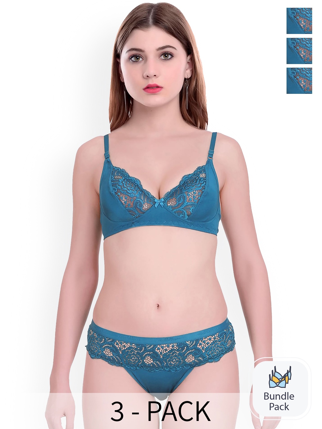 PIBU Pack Of 3 Self-Design Cotton Lingerie Sets, Blue