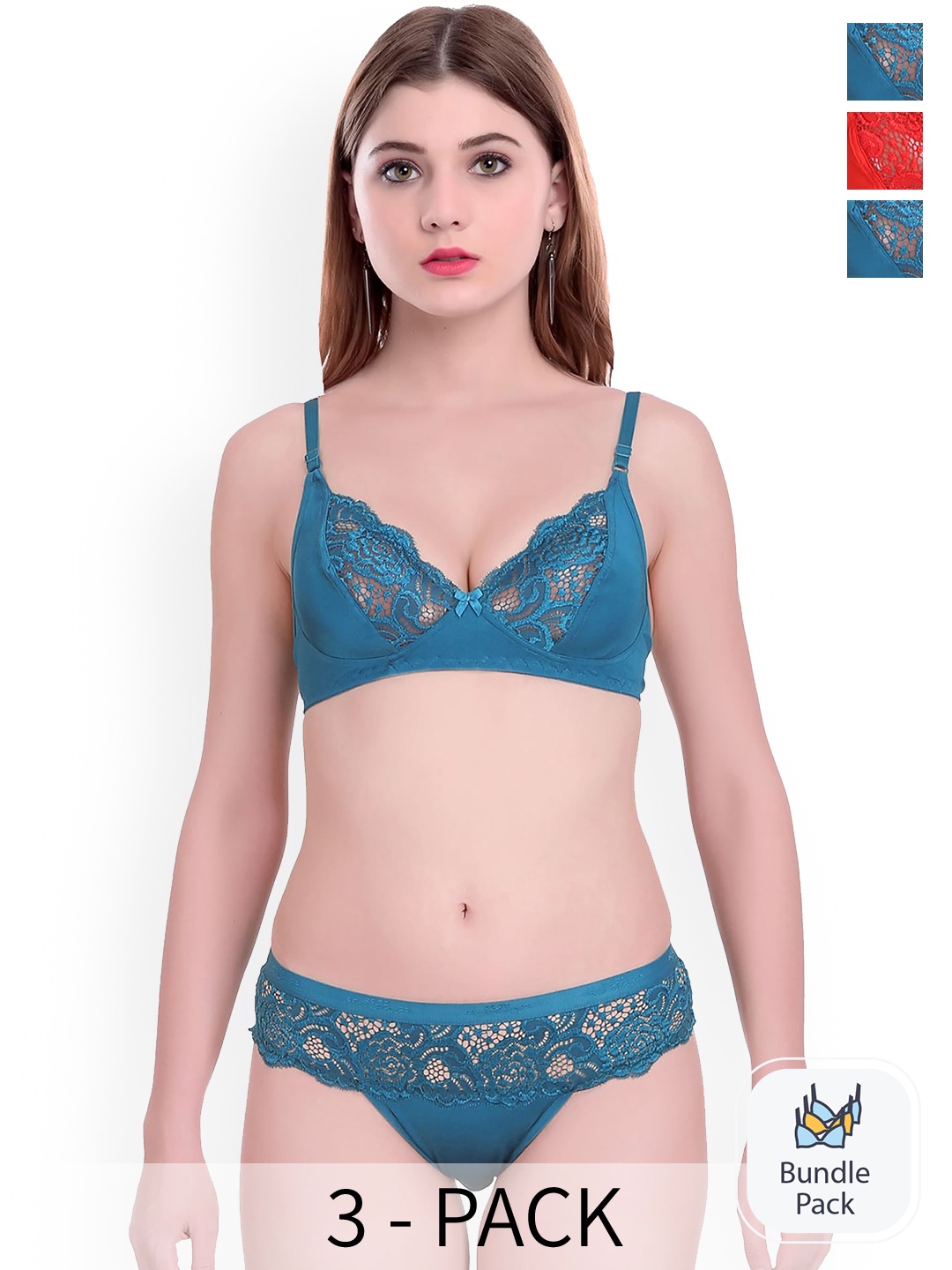 

PIBU Pack Of 3 Self-Design Non Padded Cotton Lingerie Set, Blue