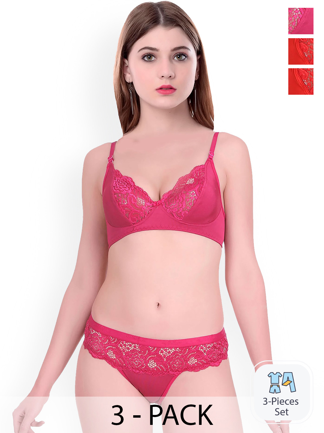 

PIBU Pack Of 3 Self-designed Cotton Lingerie Set FC_Q_Cate set _Red,Pink,Red_30