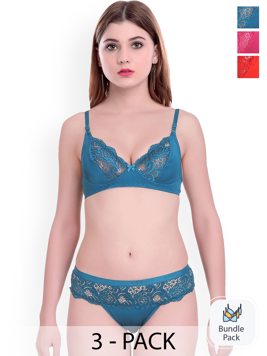

PIBU Pack Of 3 Self-designed Cotton Lingerie Set, Blue