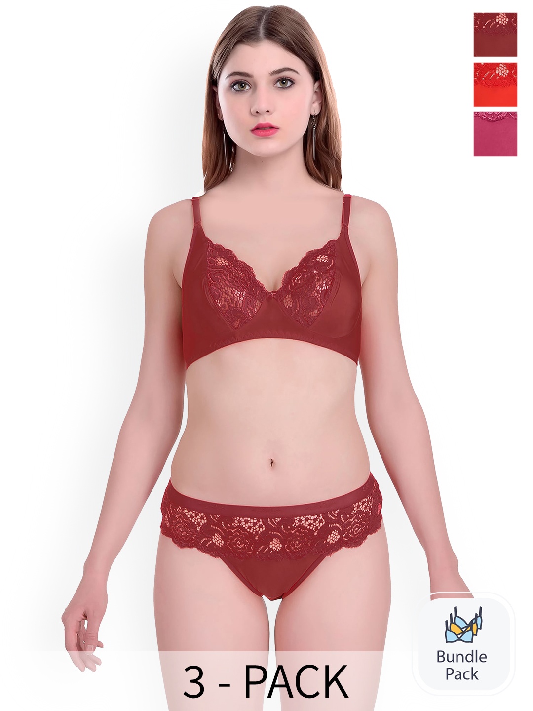 

PIBU Pack Of 3 Self-designed Cotton Lingerie Set FC_Q_Cate set _Pink,Red,Maroon_30
