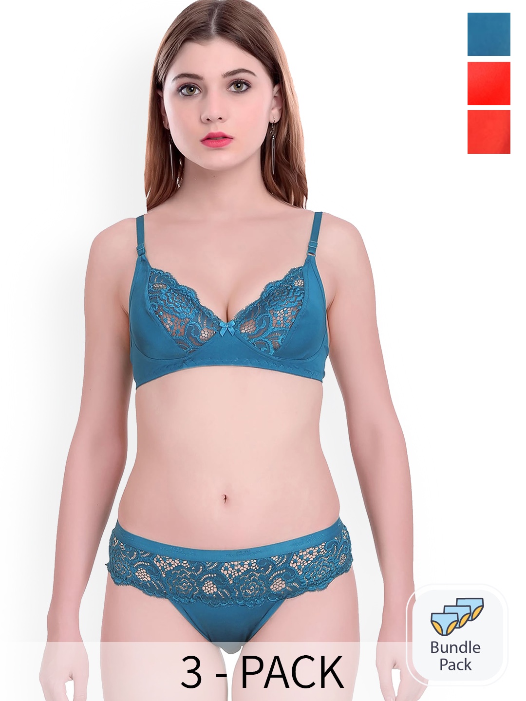 

PIBU Pack Of 3 Self Designed Cotton Lingerie Set, Blue
