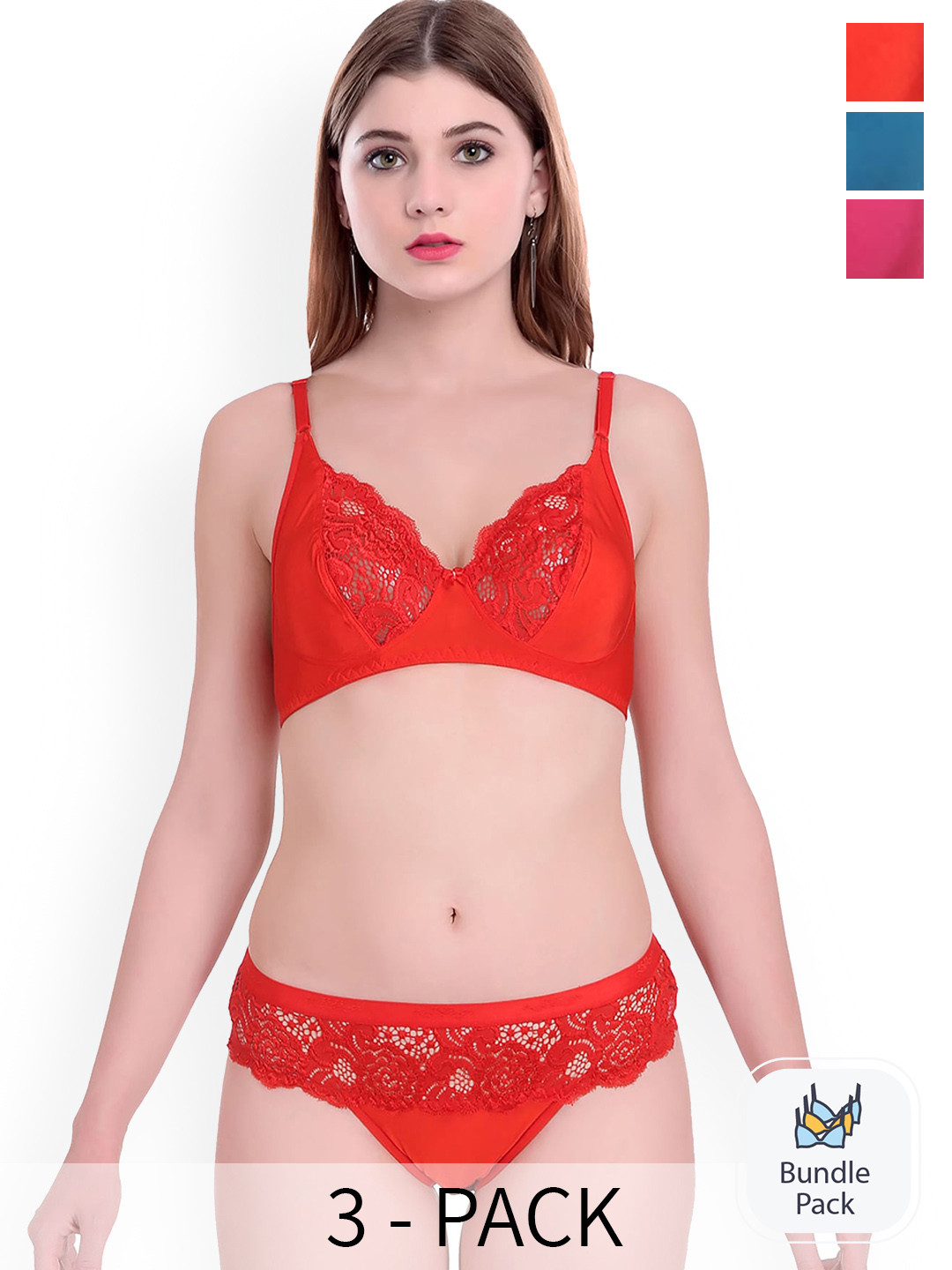 

PIBU Pack Of 3 Self Designed Cotton Lingerie Set, Red