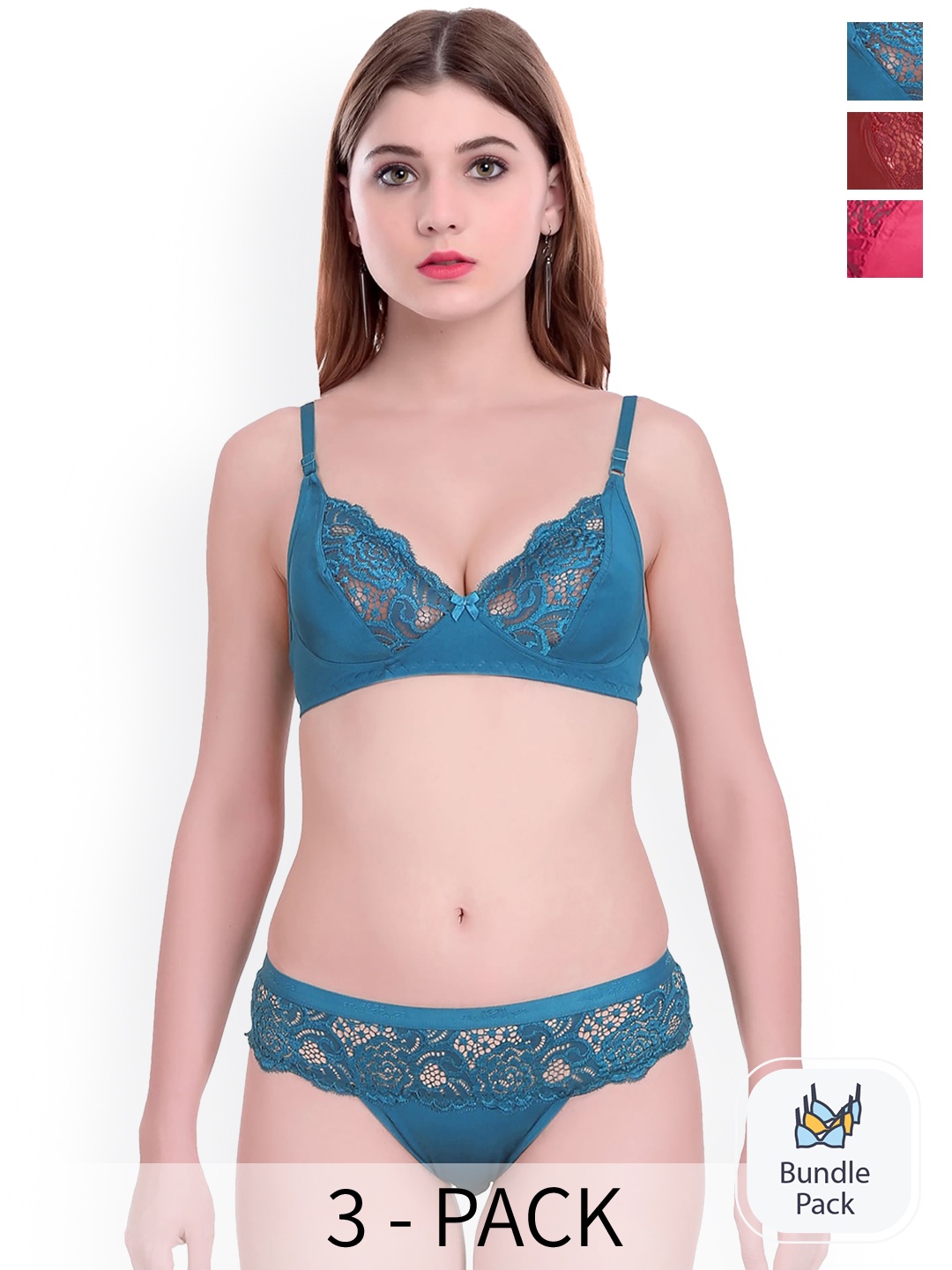 

PIBU Pack Of 3 Self-designed Cotton Lingerie Set FC_Q_Cate set _Pink,Blue,Maroon_30