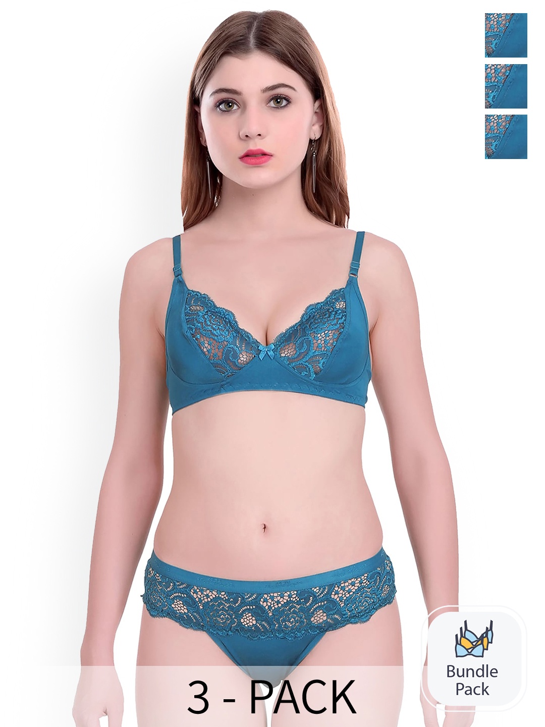 

AROUSY Pack Of 3 Self-Design Non Padded Cotton Lingerie Set, Blue