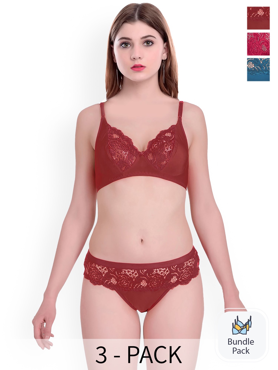 

AROUSY Pack Of 3 Self-Design Cotton Lingerie Sets, Pink