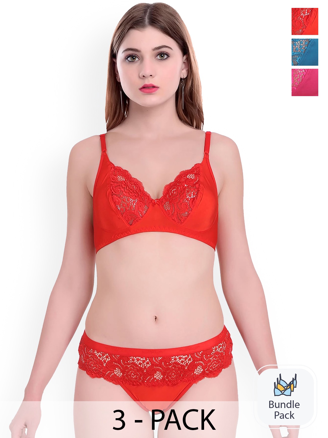 

AROUSY Pack Of 3 Self-designed Cotton Lingerie Set Q_Cate set _Blue,Pink,Red_30