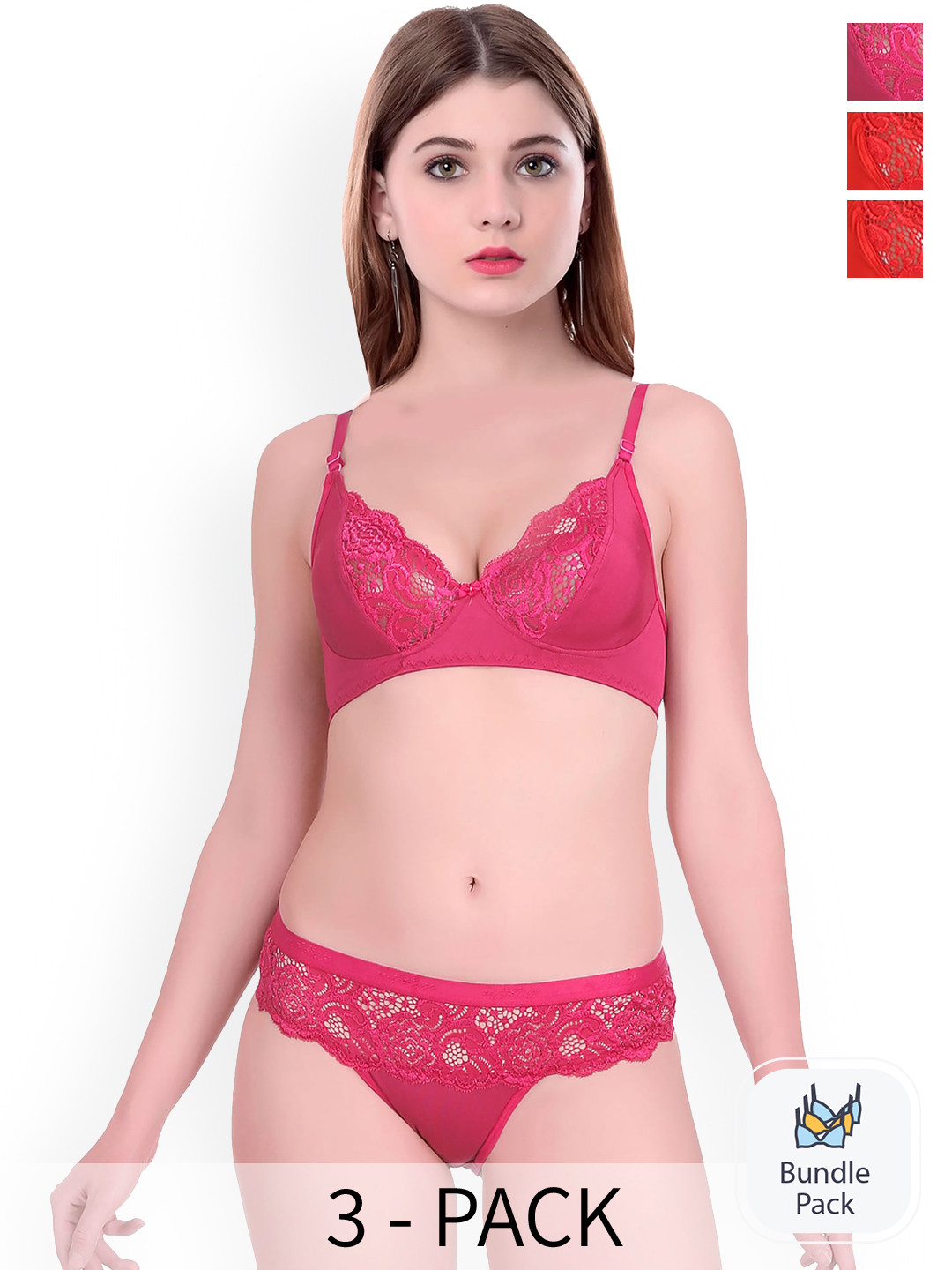 

AROUSY Pack Of 3 Self-designed Cotton Lingerie Set Q_Cate set _Red,Pink,Red_30