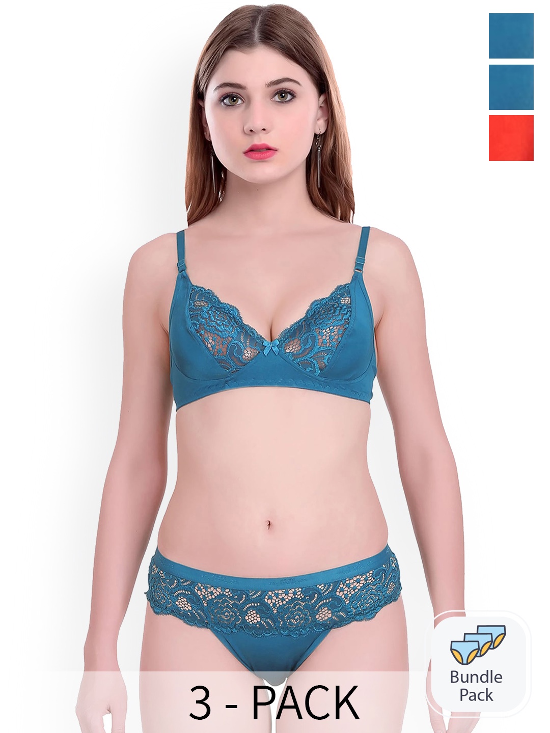 

AROUSY Pack Of 3 Self-Design Cotton Lingerie Sets, Blue