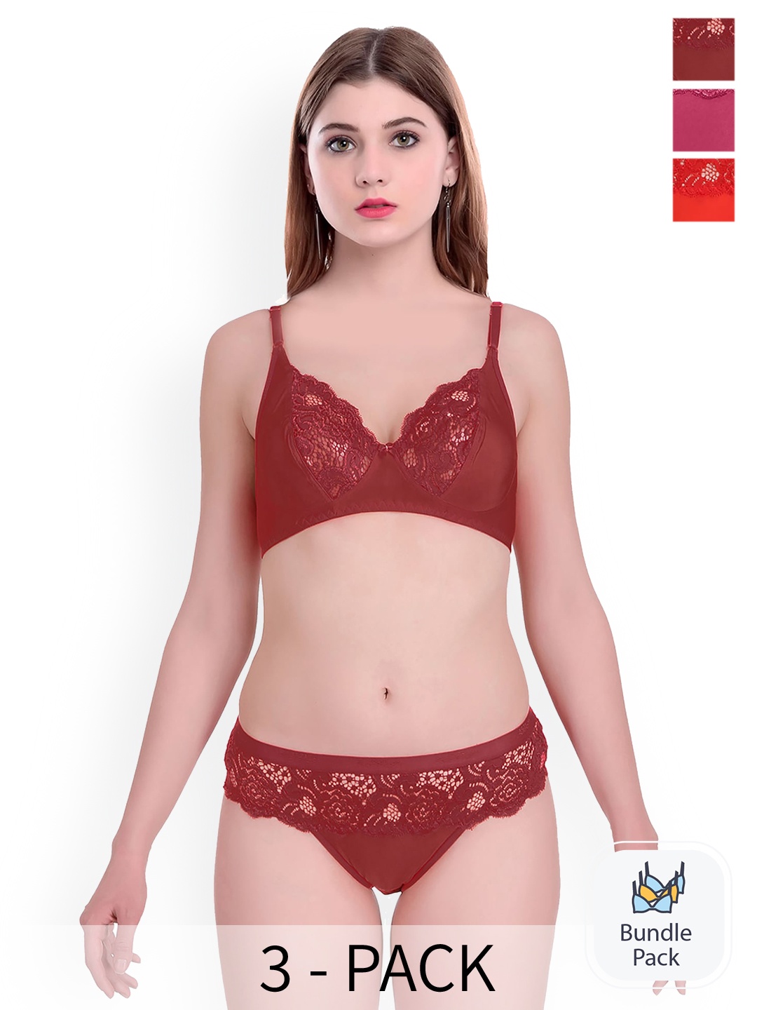 

AROUSY Pack Of 3 Self Designed Cotton Lingerie Set, Maroon