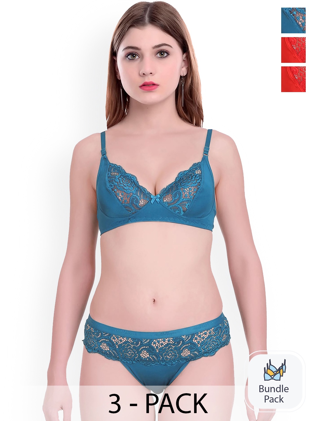 

AROUSY Pack Of 3 Self-designed Cotton Lingerie Set, Blue