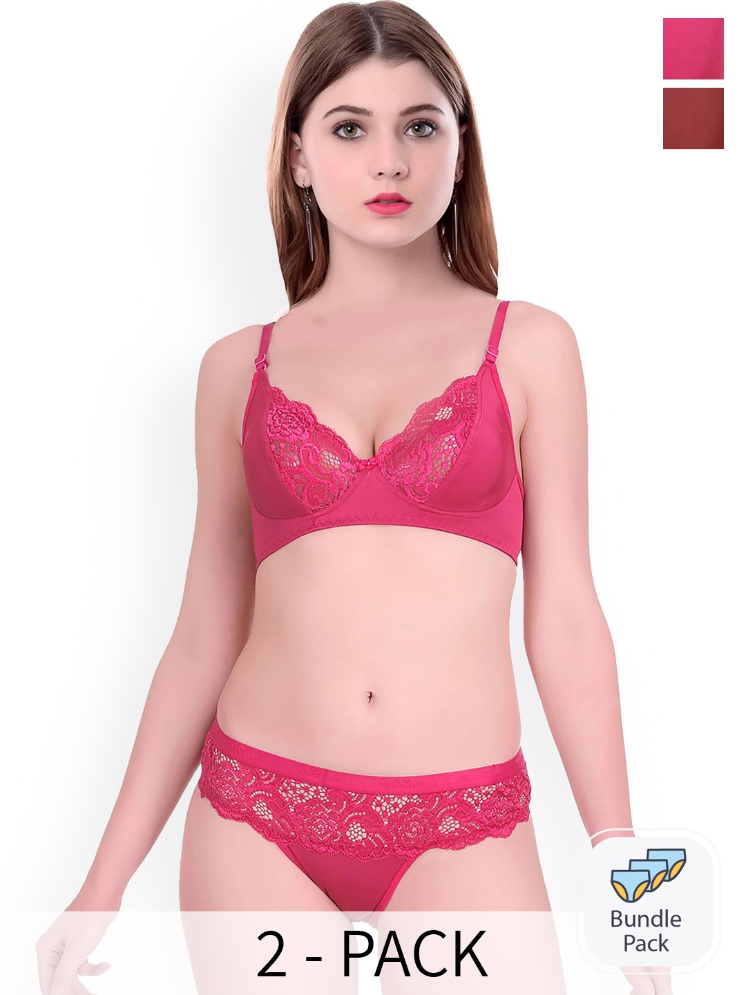 

AROUSY Pack Of 2 Self Designed Cotton Lingerie Set, Pink