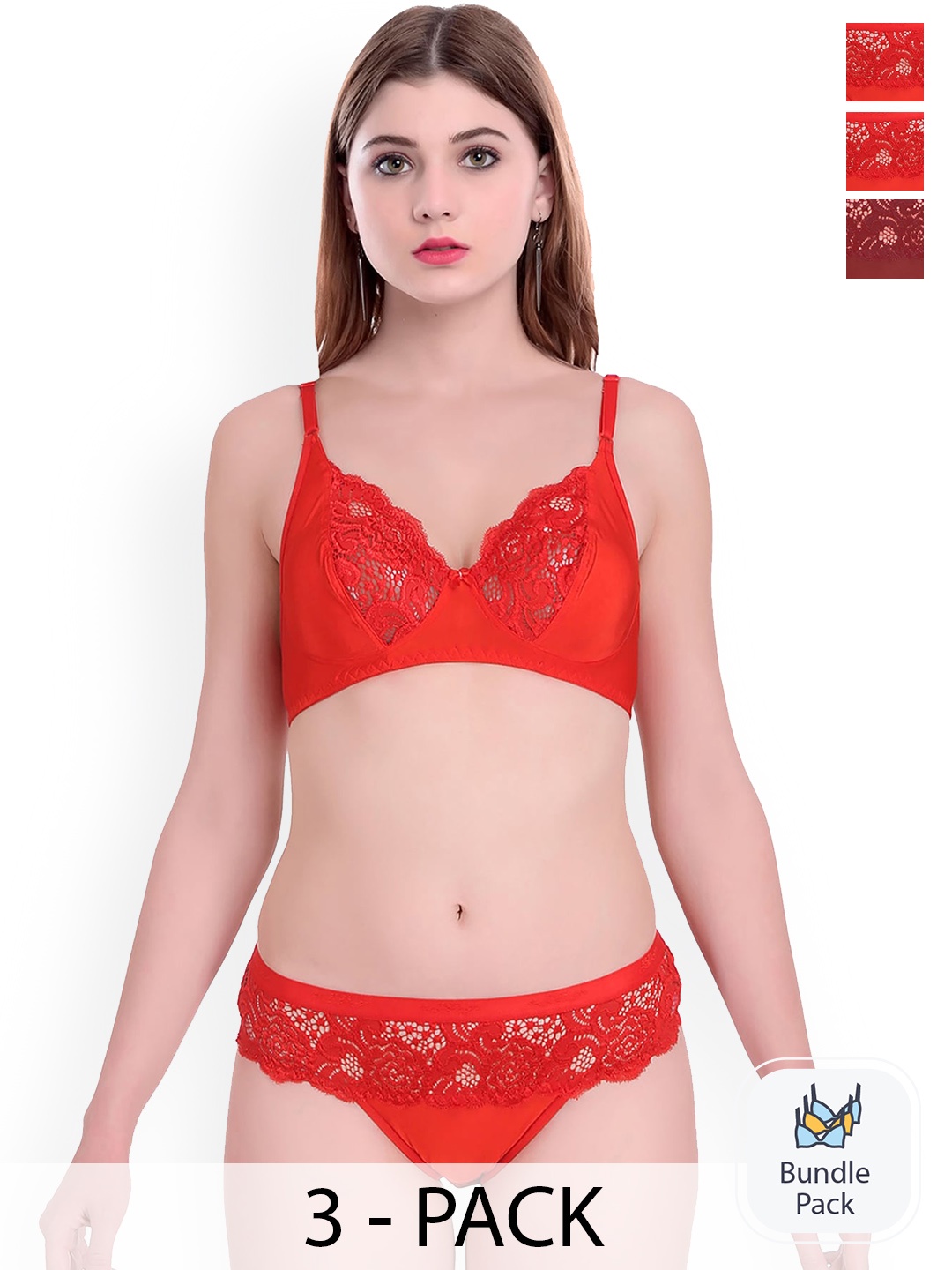 

AROUSY Pack Of 3 Self-Design Cotton Lingerie Sets, Red