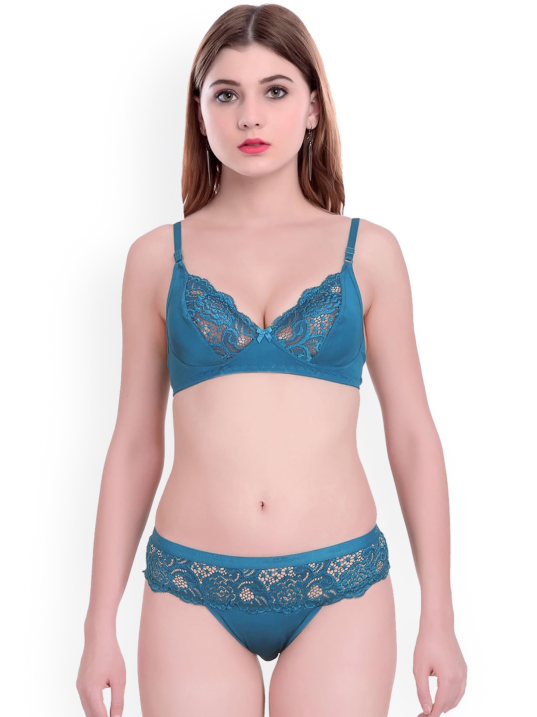 AROUSY Self-Design Cotton Lingerie Set, Blue