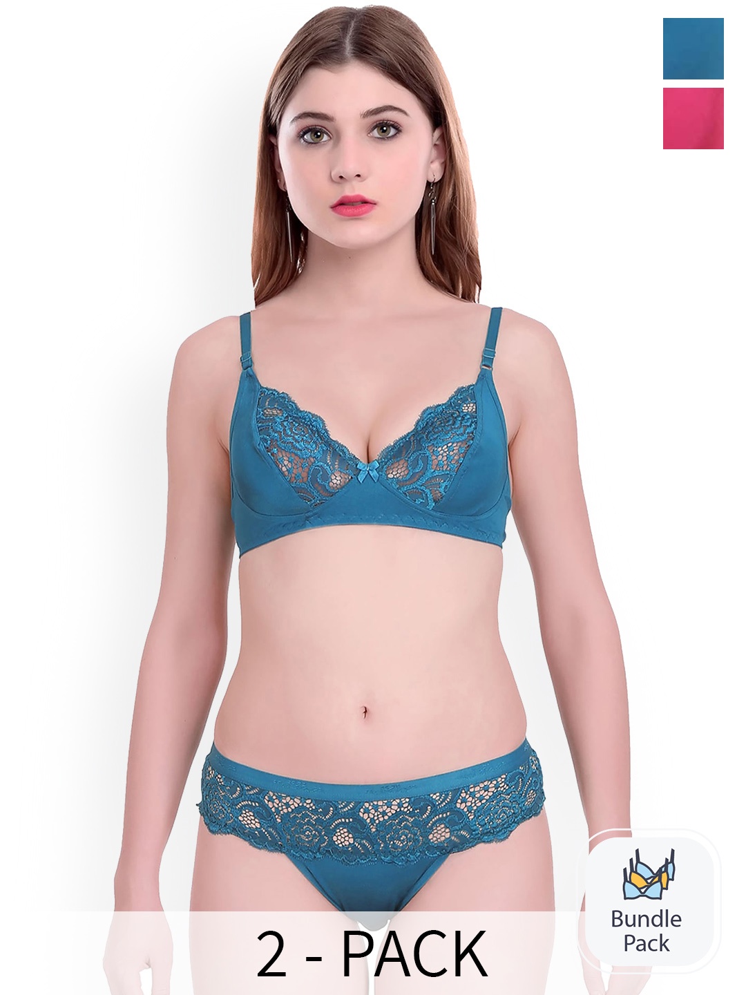 AROUSY Pack Of 2 Self Designed Cotton Lingerie Set, Blue
