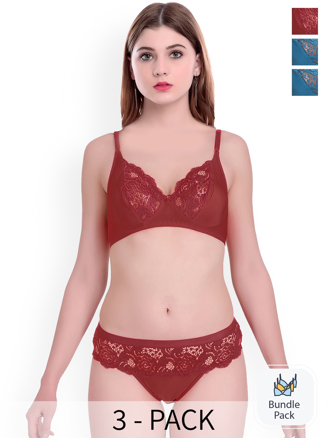 

AROUSY Pack Of 3 Self-Design Cotton Lingerie Sets, Blue