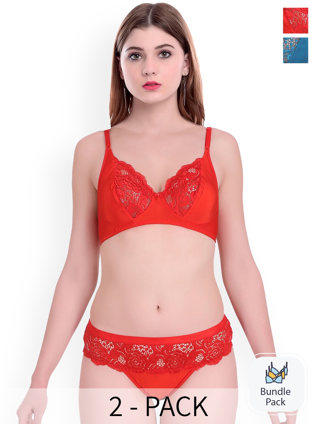 AROUSY Pack Of 2 Self-designed Cotton Lingerie Set Q_Cate set _Red,Blue_30