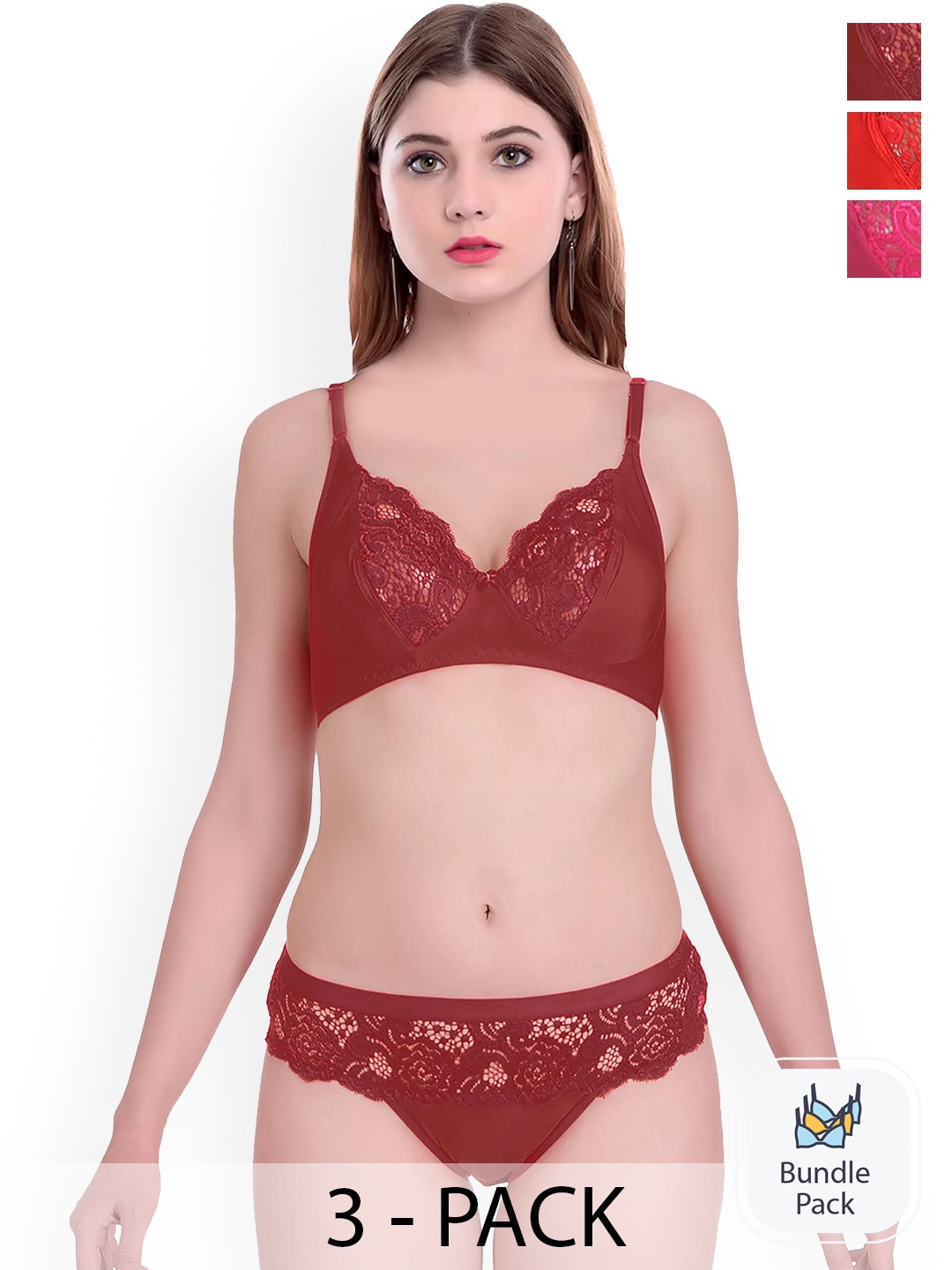

Aamarsh Pack Of 3 Self-designed Cotton Lingerie Set AP_Q_Cate set _Pink,Red,Maroon_30