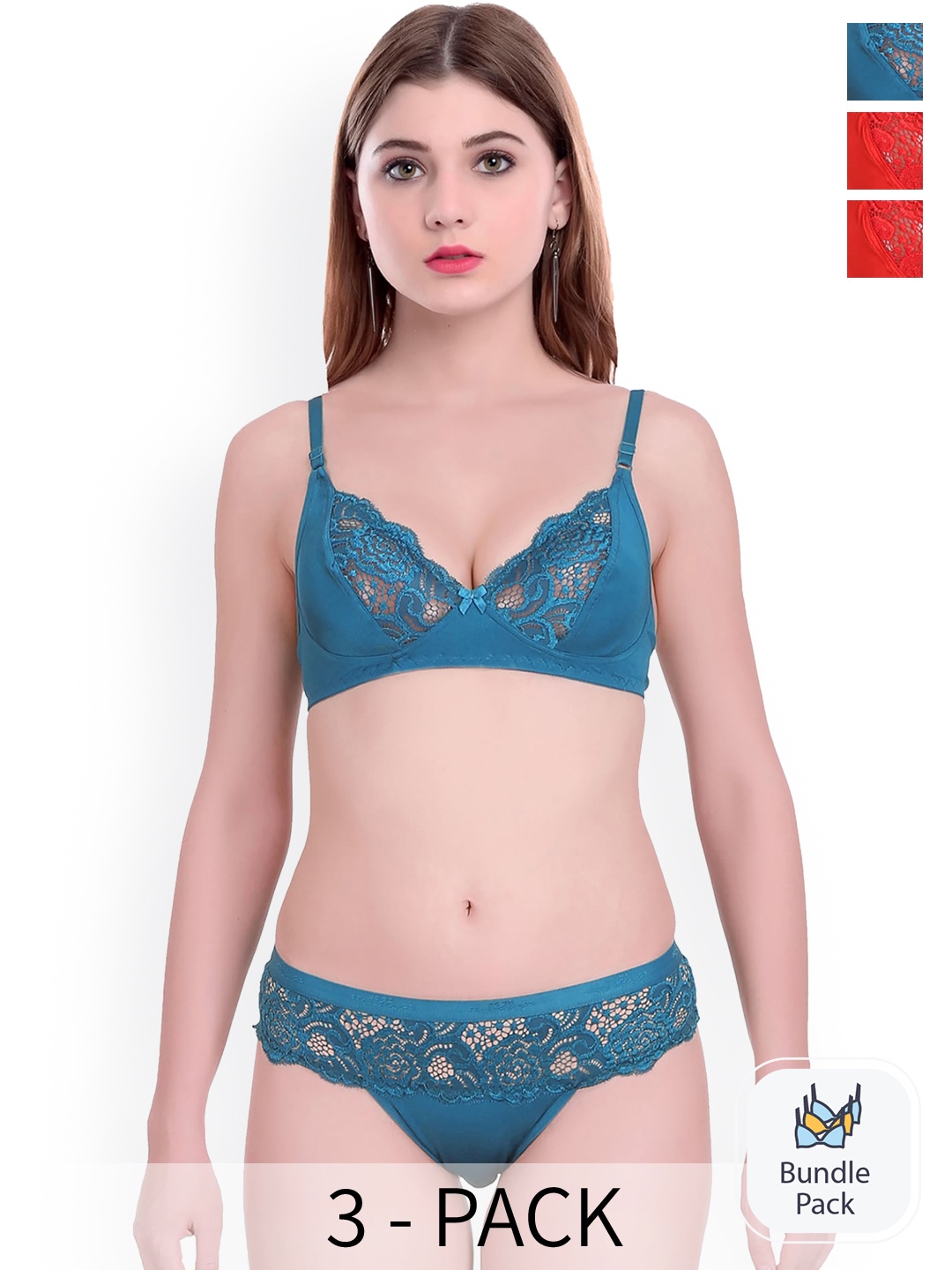 

AROUSY Pack Of 3 Self Design Cotton Lingerie Set-N_Cate set _Red,Blue,Red_30