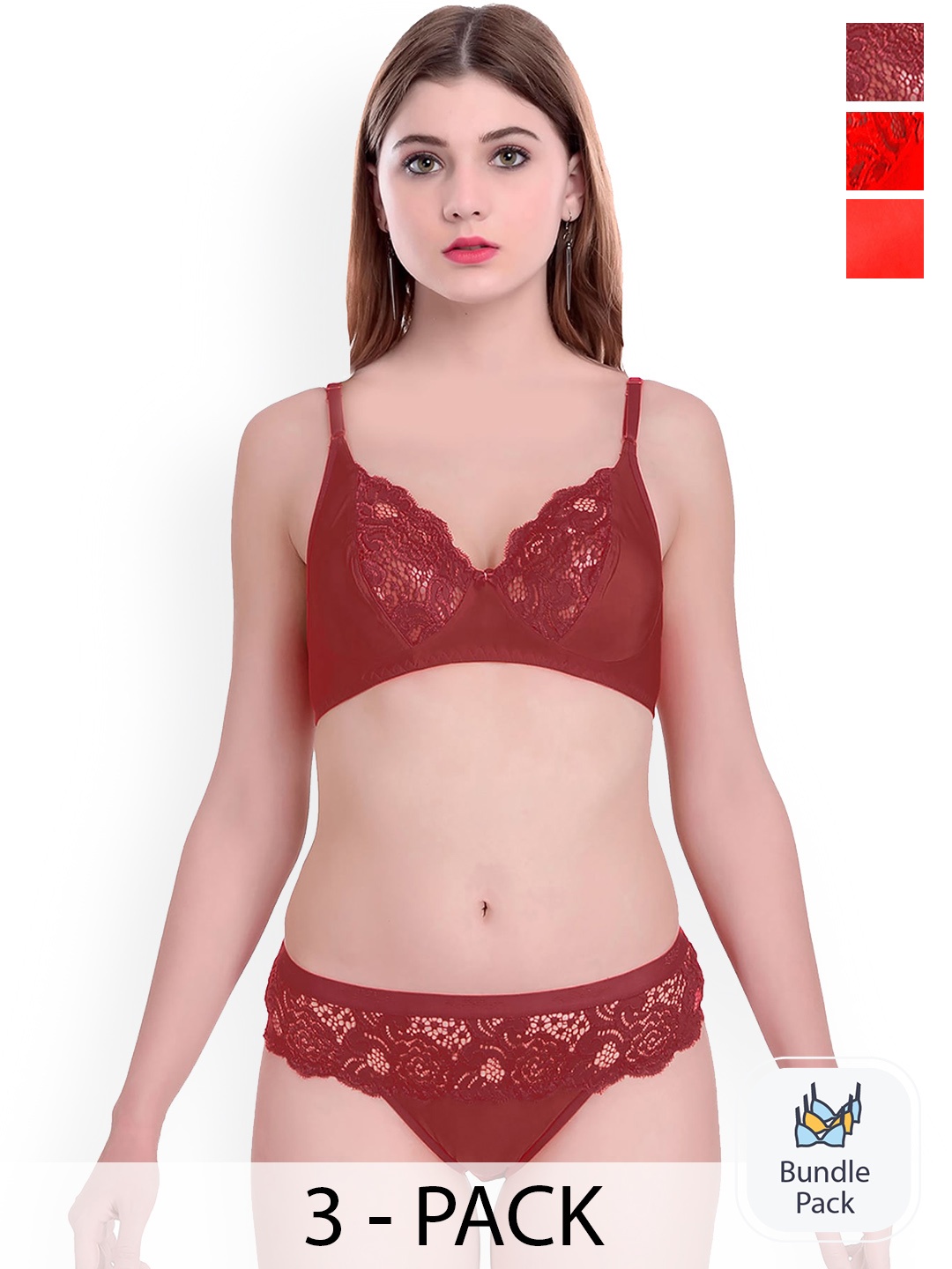 

AROUSY Pack Of 3 Self-Designed Comfortable Cotton Lingerie Set, Red