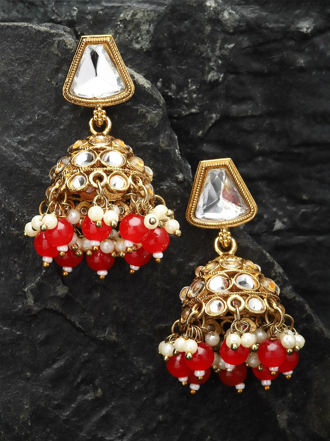 

ZENEME Gold-Plated Kundan Studded Dome Shaped Jhumkas