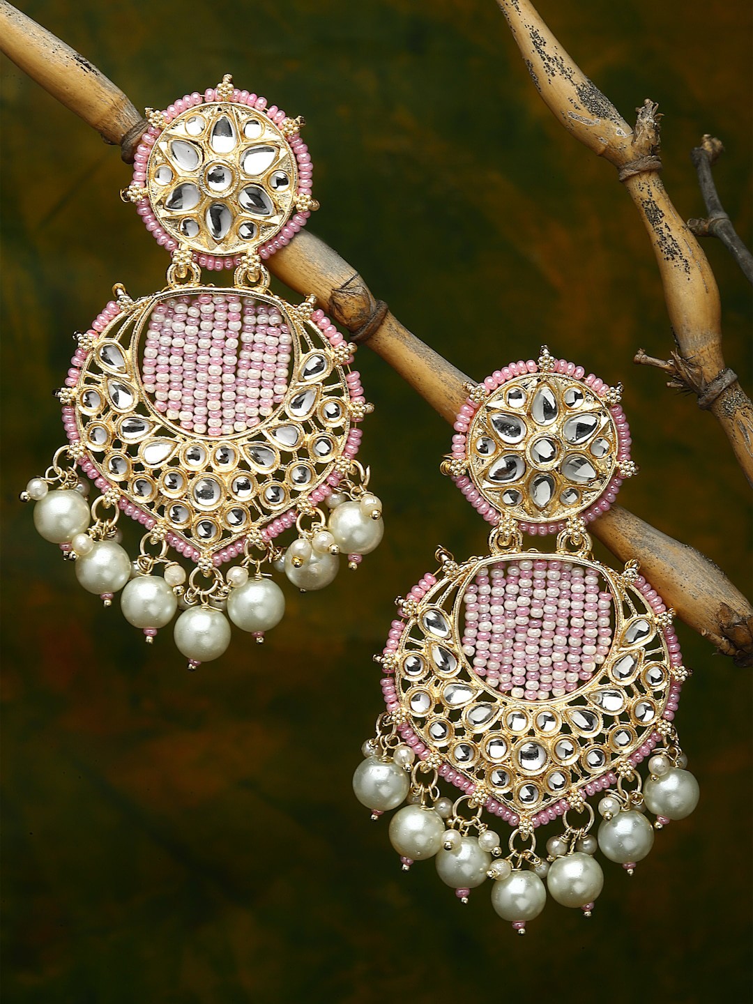 

ZENEME Pink Crescent Shaped Chandbalis Earrings