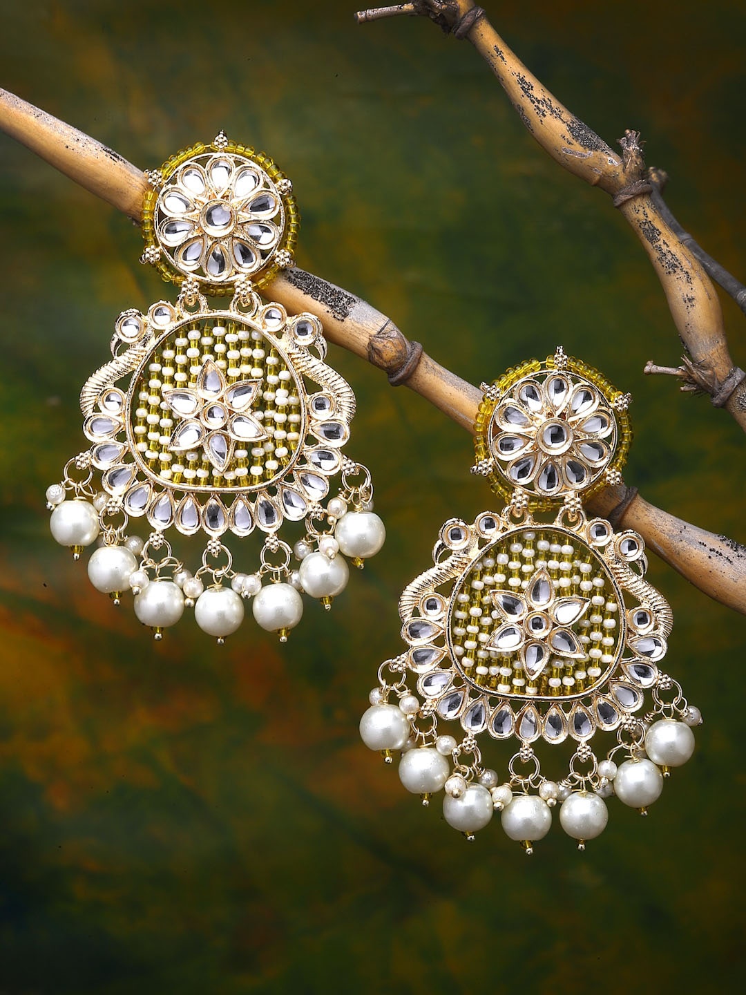 

ZENEME Yellow Peacock Shaped Chandbalis Earrings