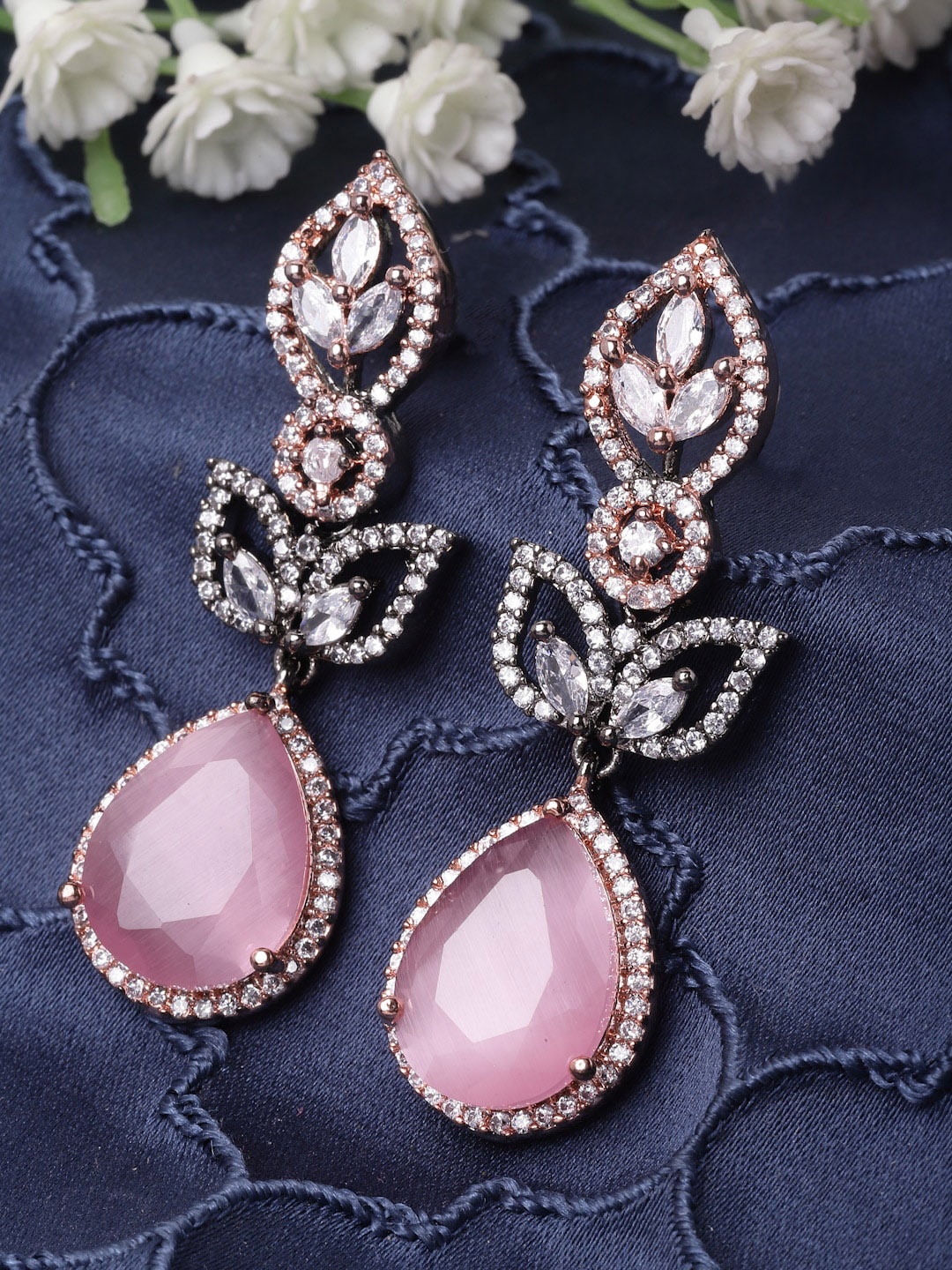 

ZENEME Pink Teardrop Shaped Drop Earrings