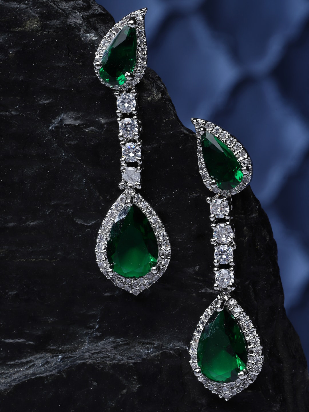 

ZENEME Rhodium-Plated Teardrop Shaped Drop Earrings, Silver