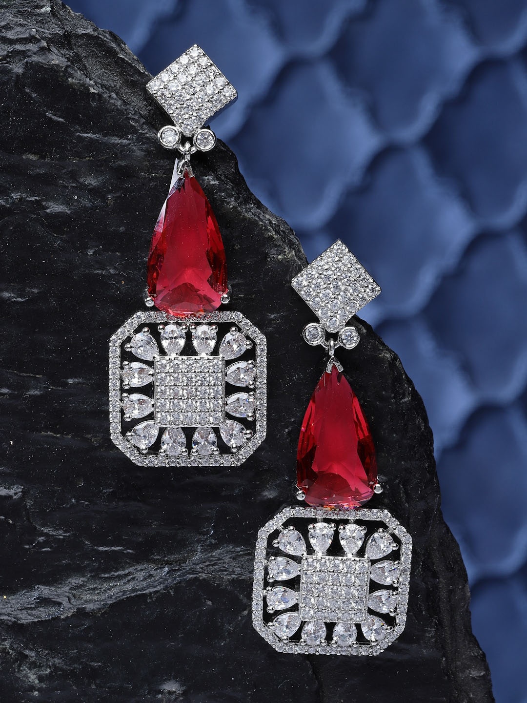 

ZENEME Rhodium-Plated American Diamond Studded Square Drop Earrings, Silver