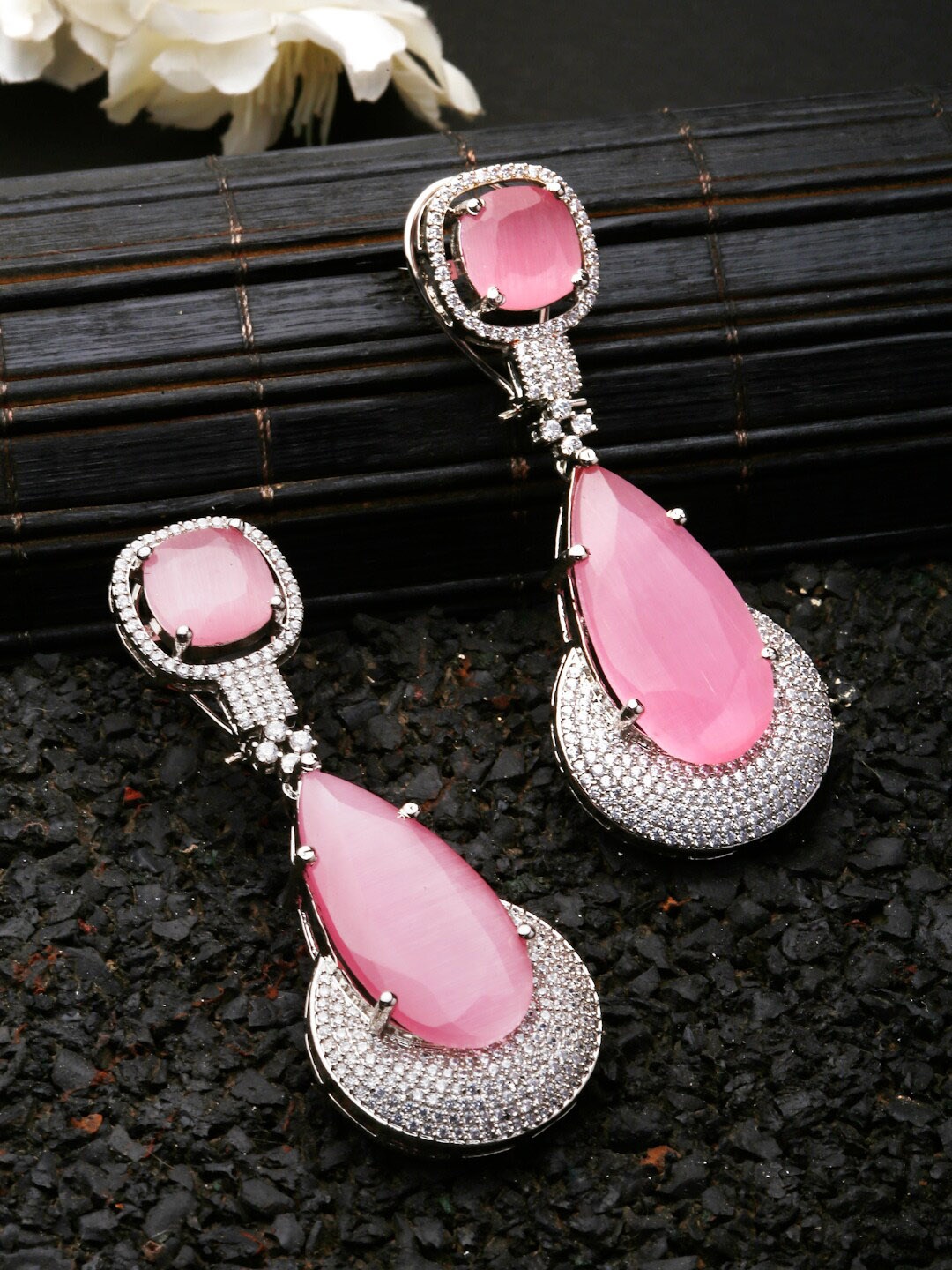 

ZENEME Rhodium-Plated Teardrop Shaped Drop Earrings, Silver