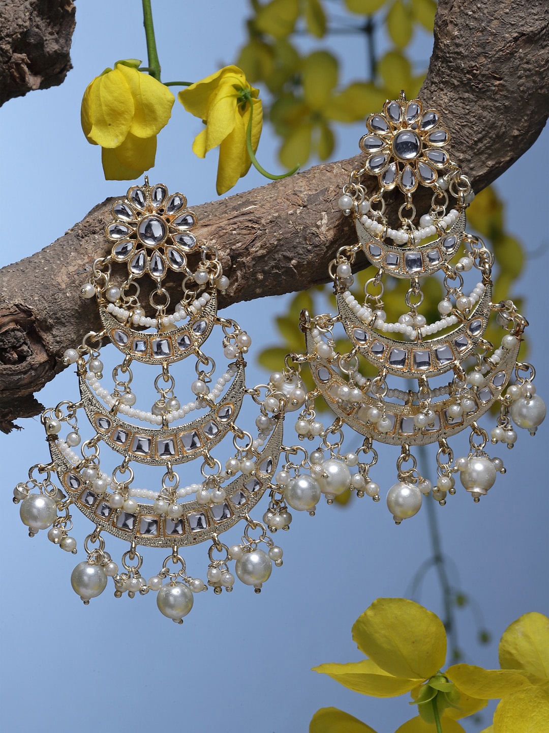 

ZENEME Gold-Plated Crescent Shaped Chandbali Earrings