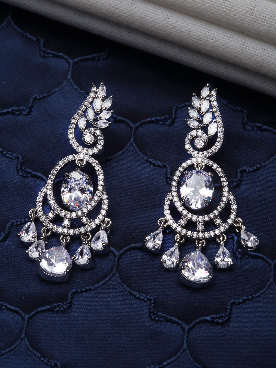 

ZENEME Rhodium-Plated American Diamond studded Contemparory Drop Earrings, White
