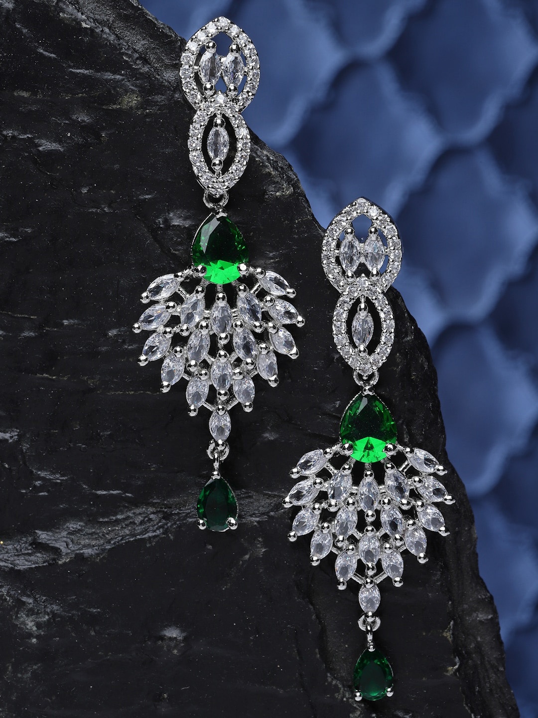 

ZENEME Rhodium-Plated American Diamond studded Contemporary Drop Earrings, Green