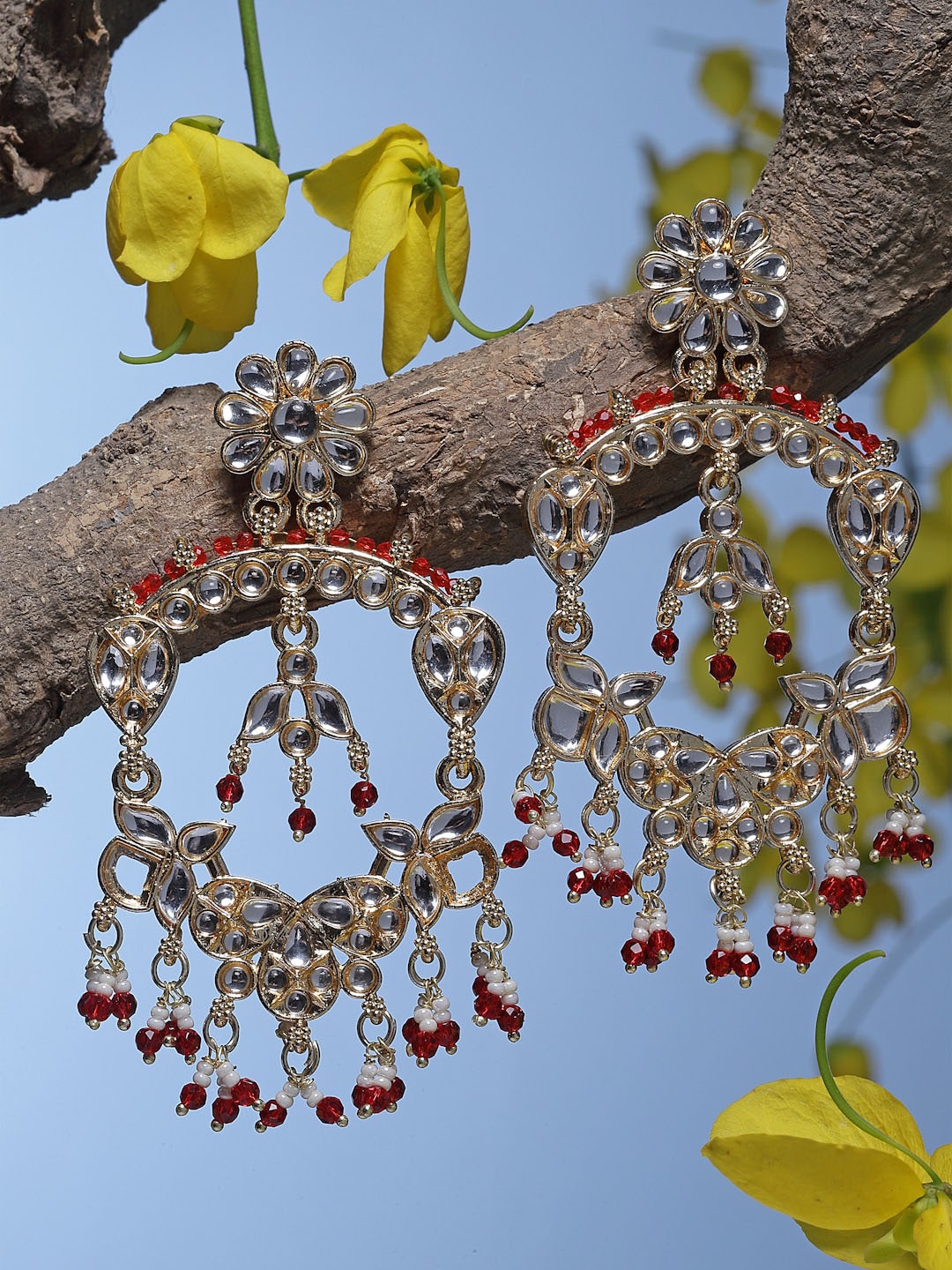 

ZENEME Gold-Plated Kundan studded Contemporary Drop Earrings, Red