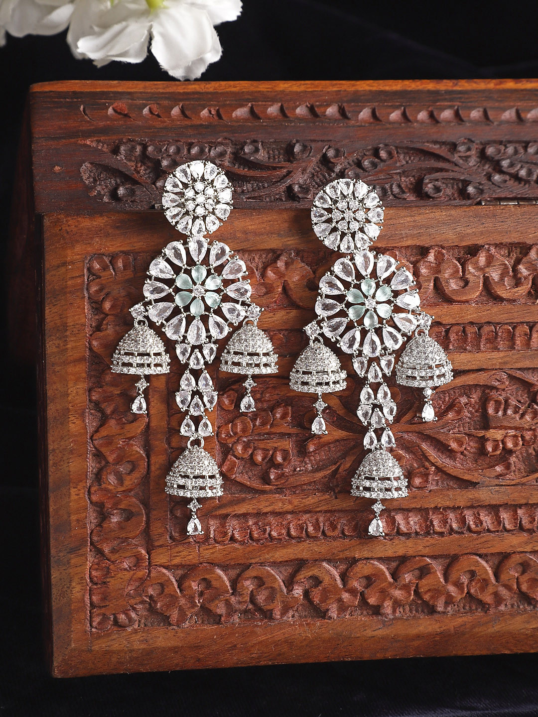 

ZENEME Sea Green Floral Jhumkas Earrings