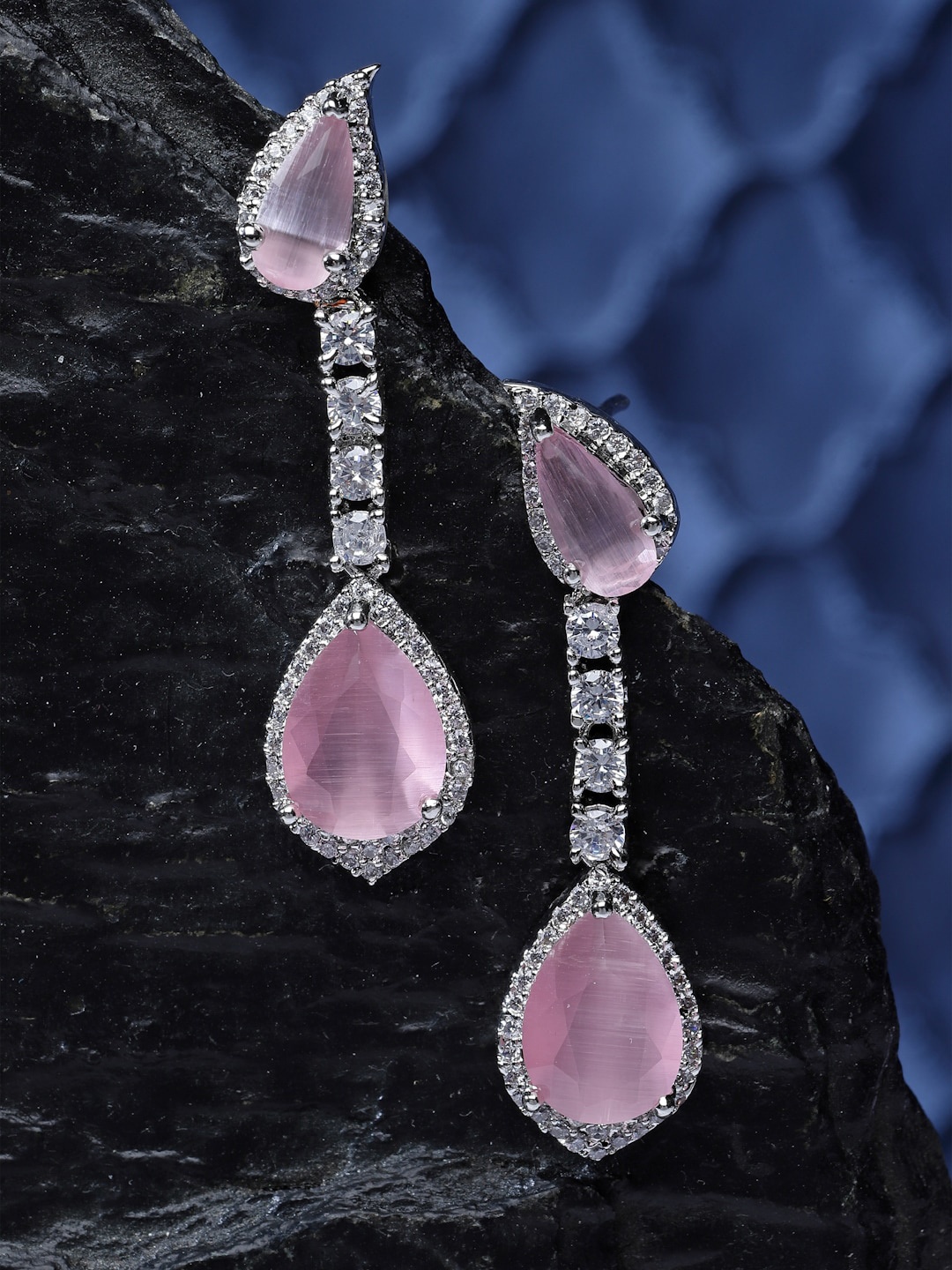 

ZENEME Rhodium-Plated AD Studded Teardrop Shaped Drop Earrings, Silver