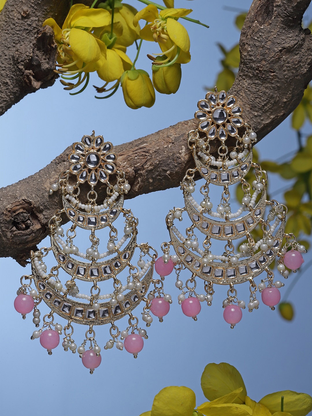 

ZENEME Pink Crescent Shaped Chandbalis Earrings