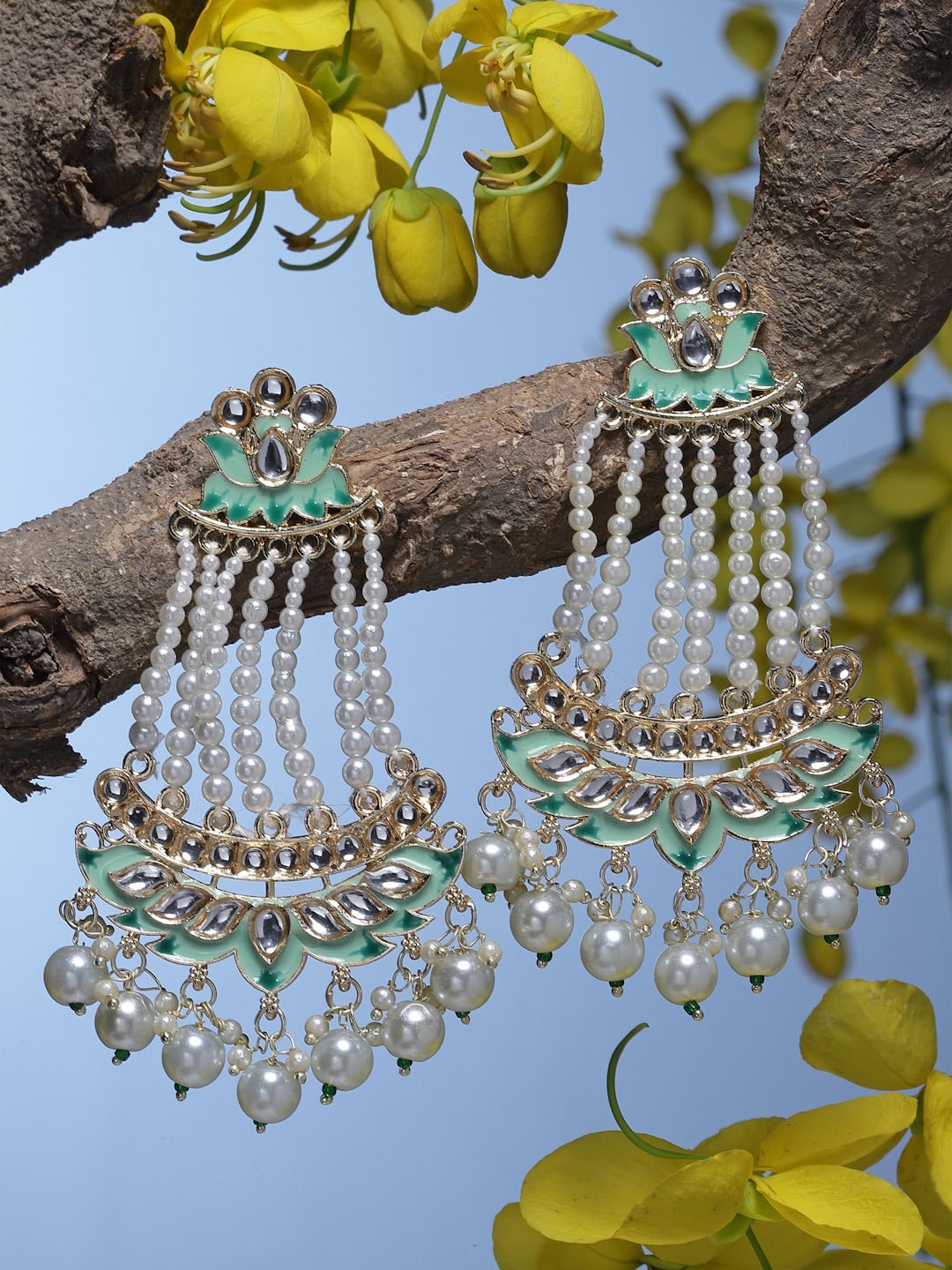 

ZENEME Sea Green Floral Chandbalis Earrings