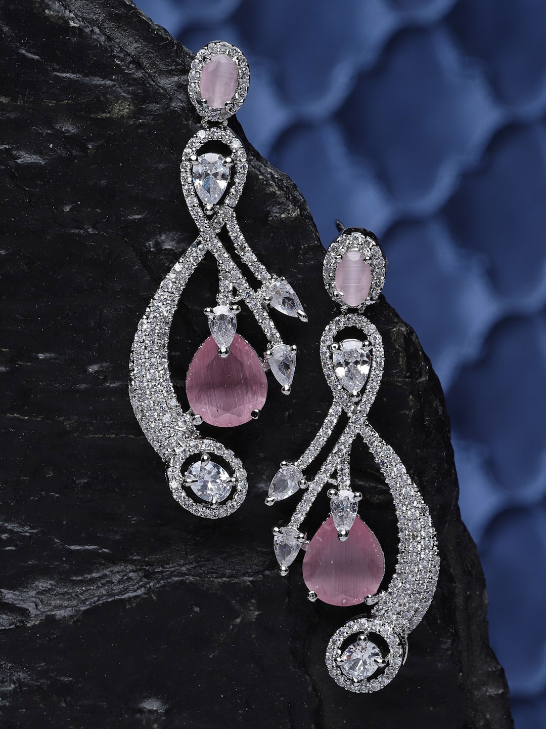 

ZENEME Rhodium-Plated American Diamond Leaf Shaped Drop Earrings, Silver