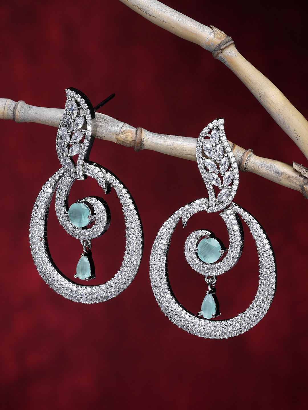 

ZENEME American Diamond Rhodium-Plated Oval Drop Earrings, Silver