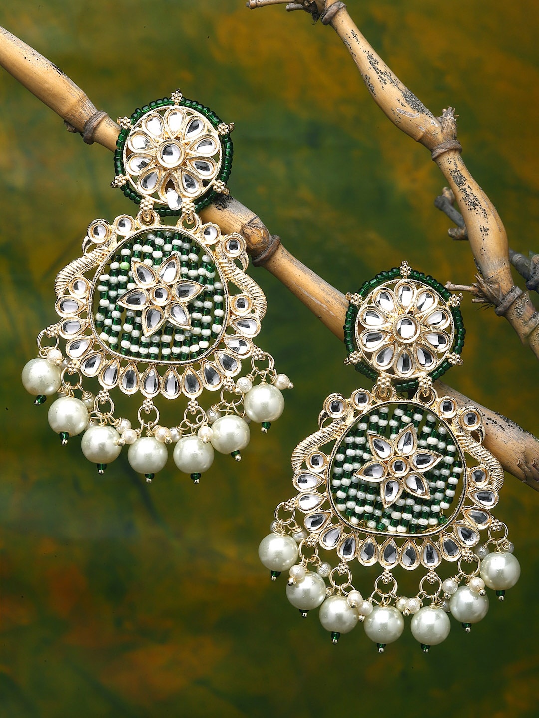 

ZENEME Green Peacock Shaped Chandbalis Earrings