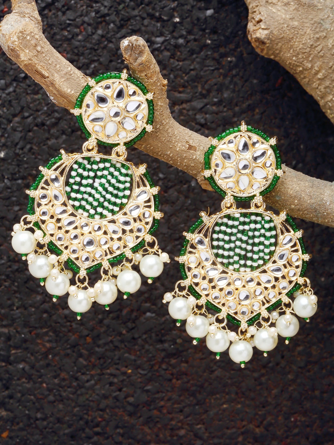 

ZENEME Green Crescent Shaped Chandbalis Earrings
