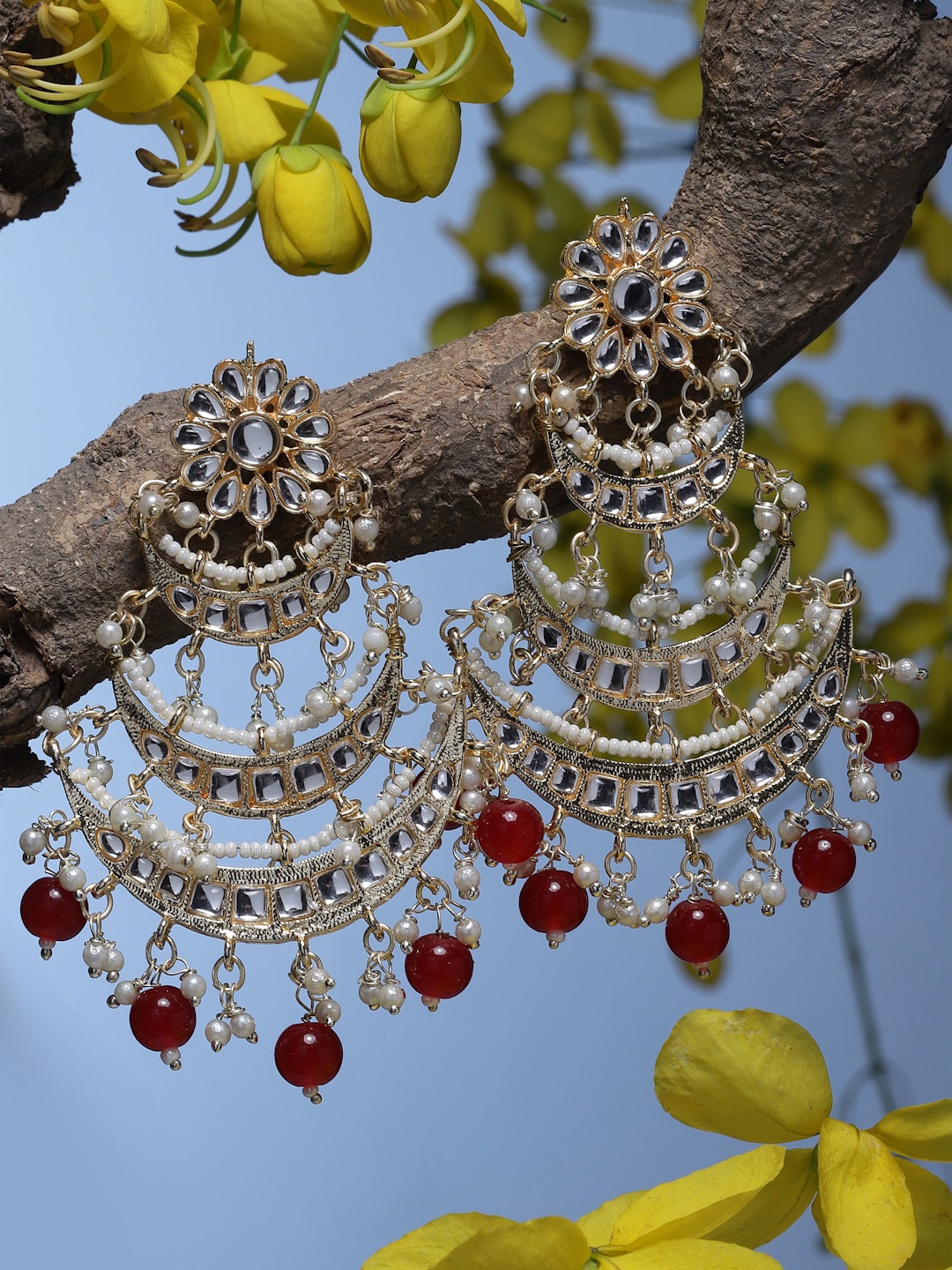 

ZENEME Red Crescent Shaped Chandbalis Earrings