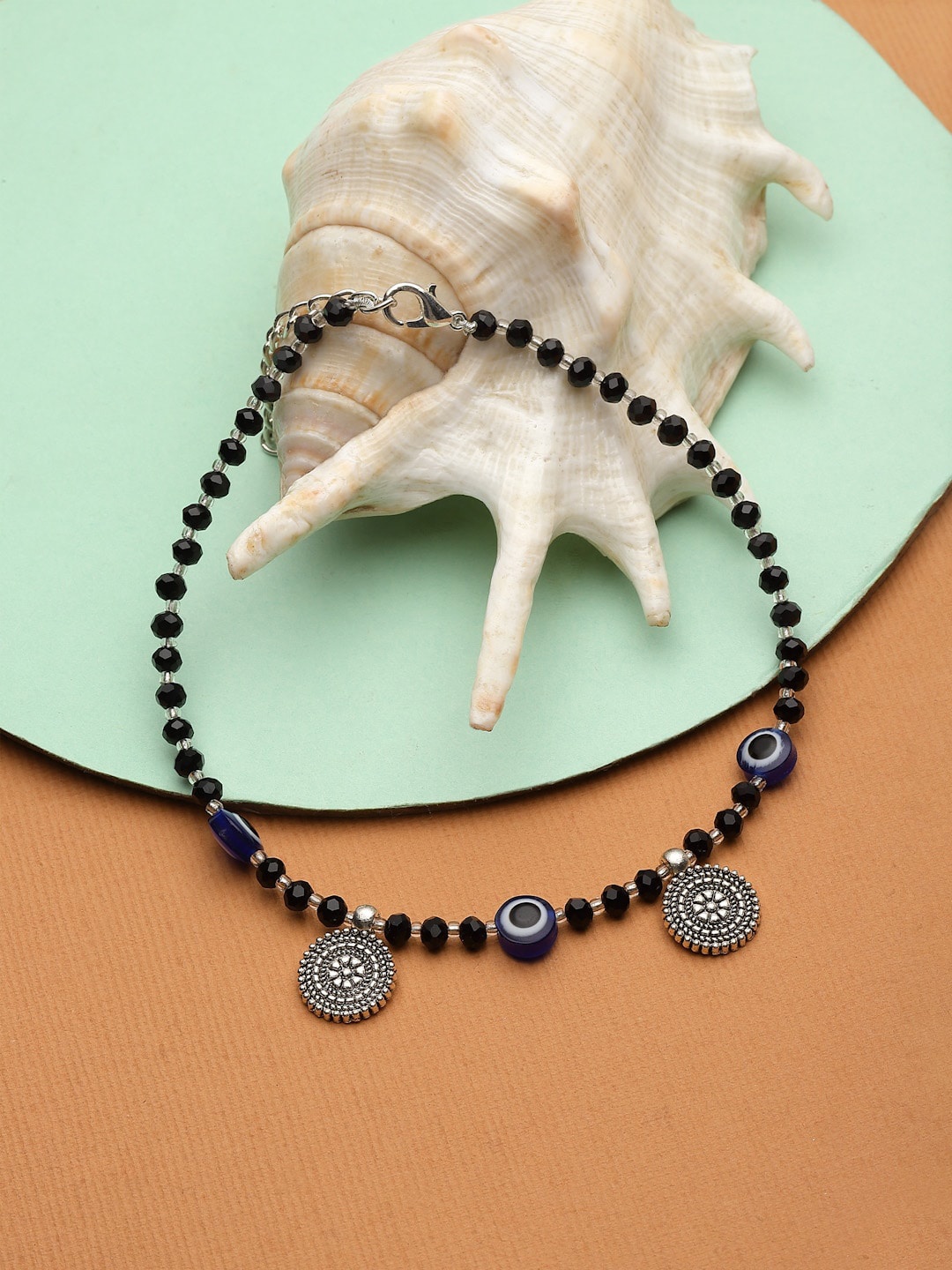 

ZENEME Set Of 2 Silver-Plated Beaded Evil Eye Anklets