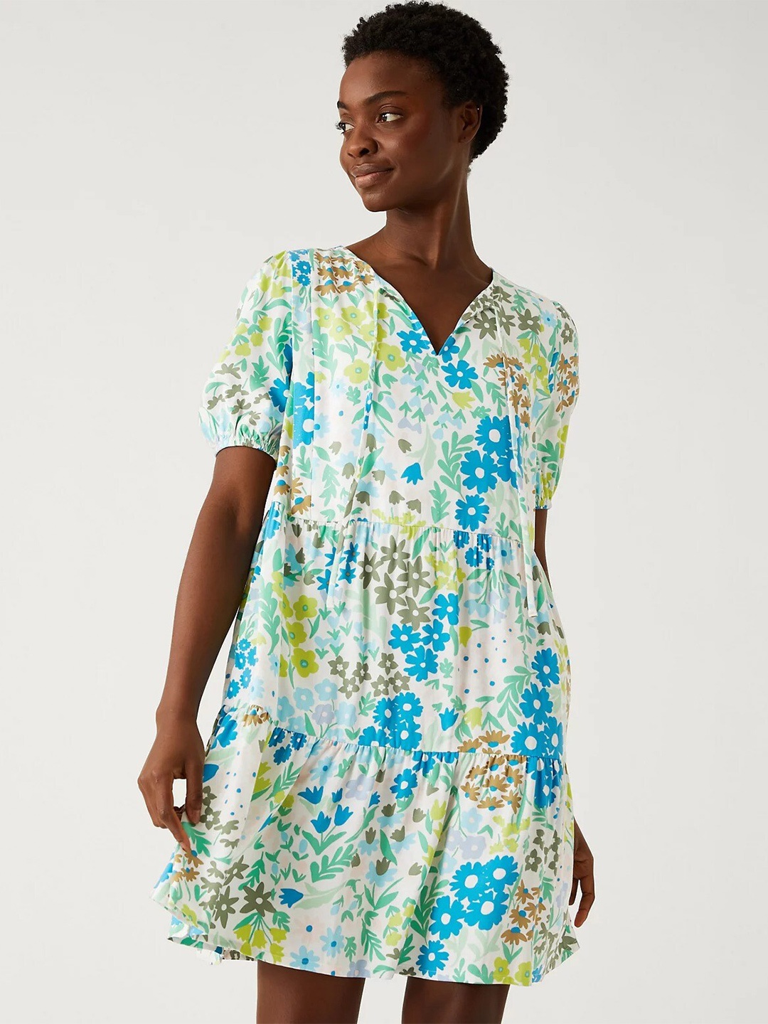 

Marks & Spencer Floral Printed Tie-Up Neck A-Line Dress, White