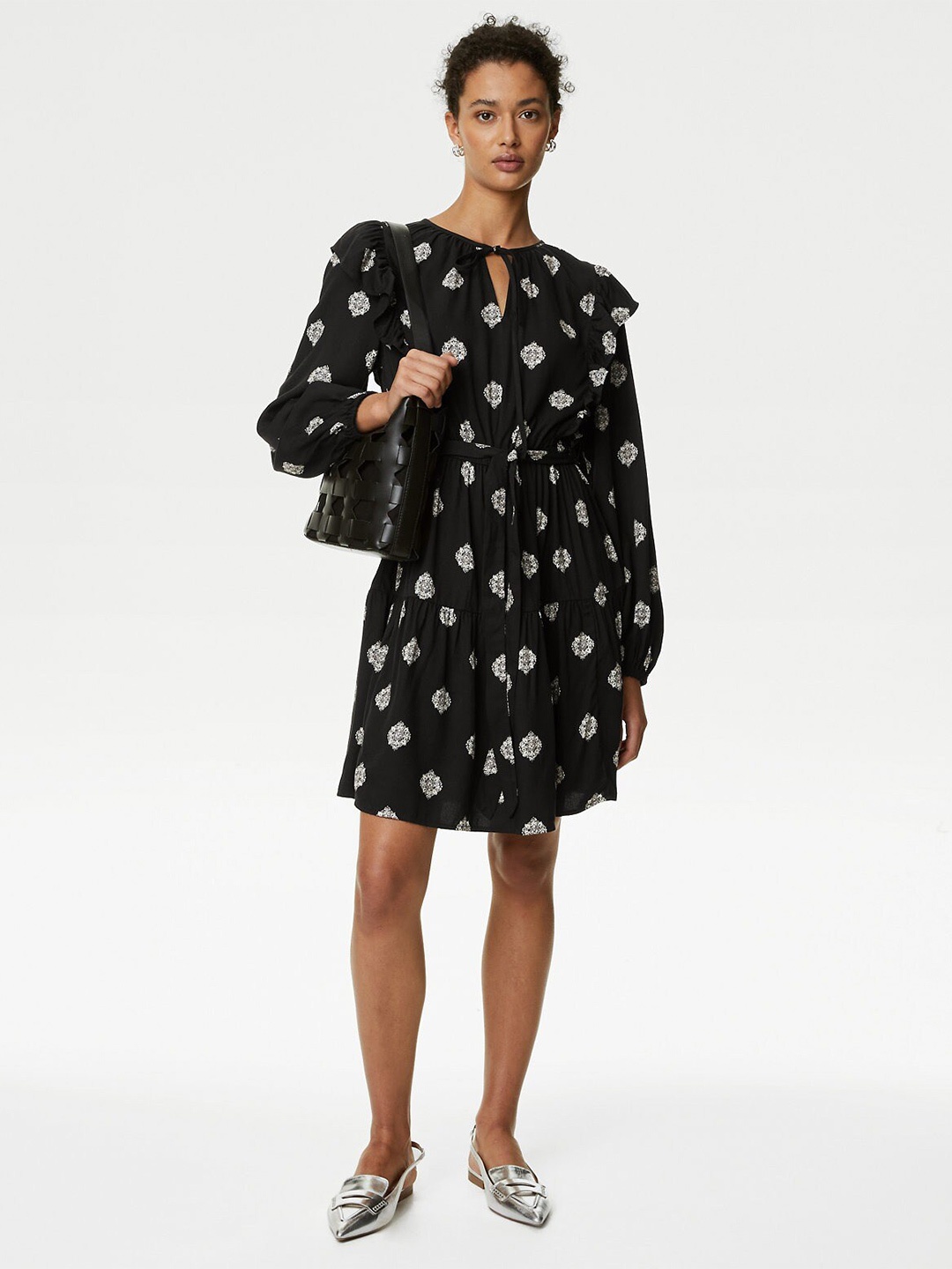 

Marks & Spencer Printed Tie-Up Neck Fit & Flare Dress, Black