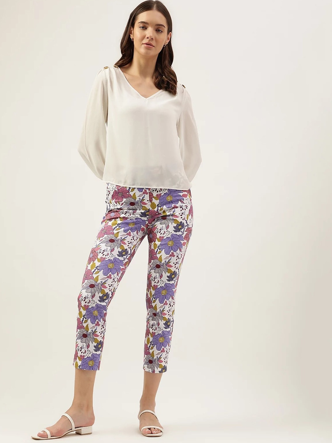 

Marks & Spencer Women Floral Printed Slim Fit Cropped Trousers, Purple