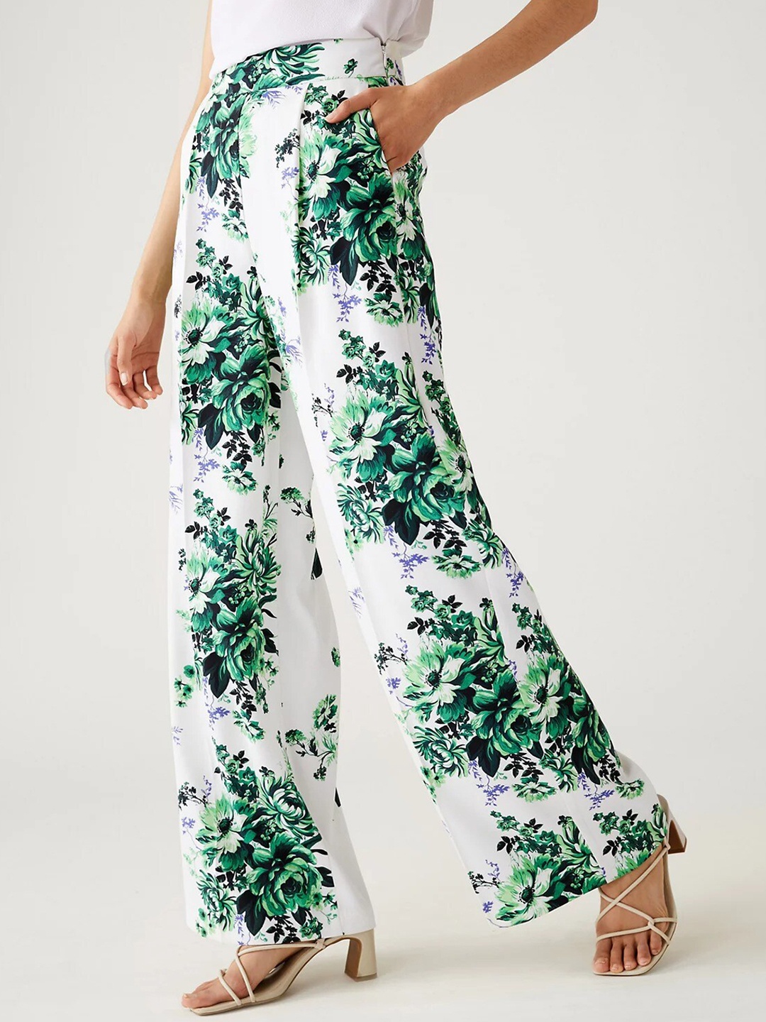 

Marks & Spencer Women Floral Printed Pleated Flared High-Rise Parallel Trousers, Green